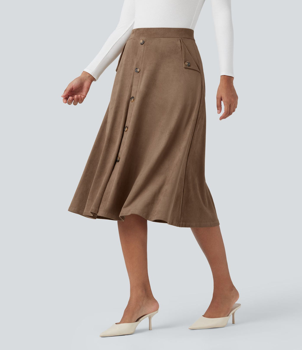 Jupe mi-longue évasée effet daim taille haute avec poches