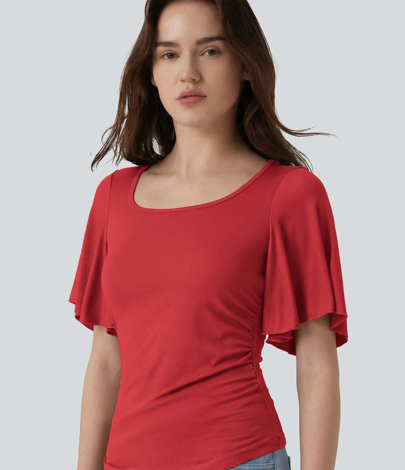 T-shirt décontracté maille côtelée col carré manches papillon froncé