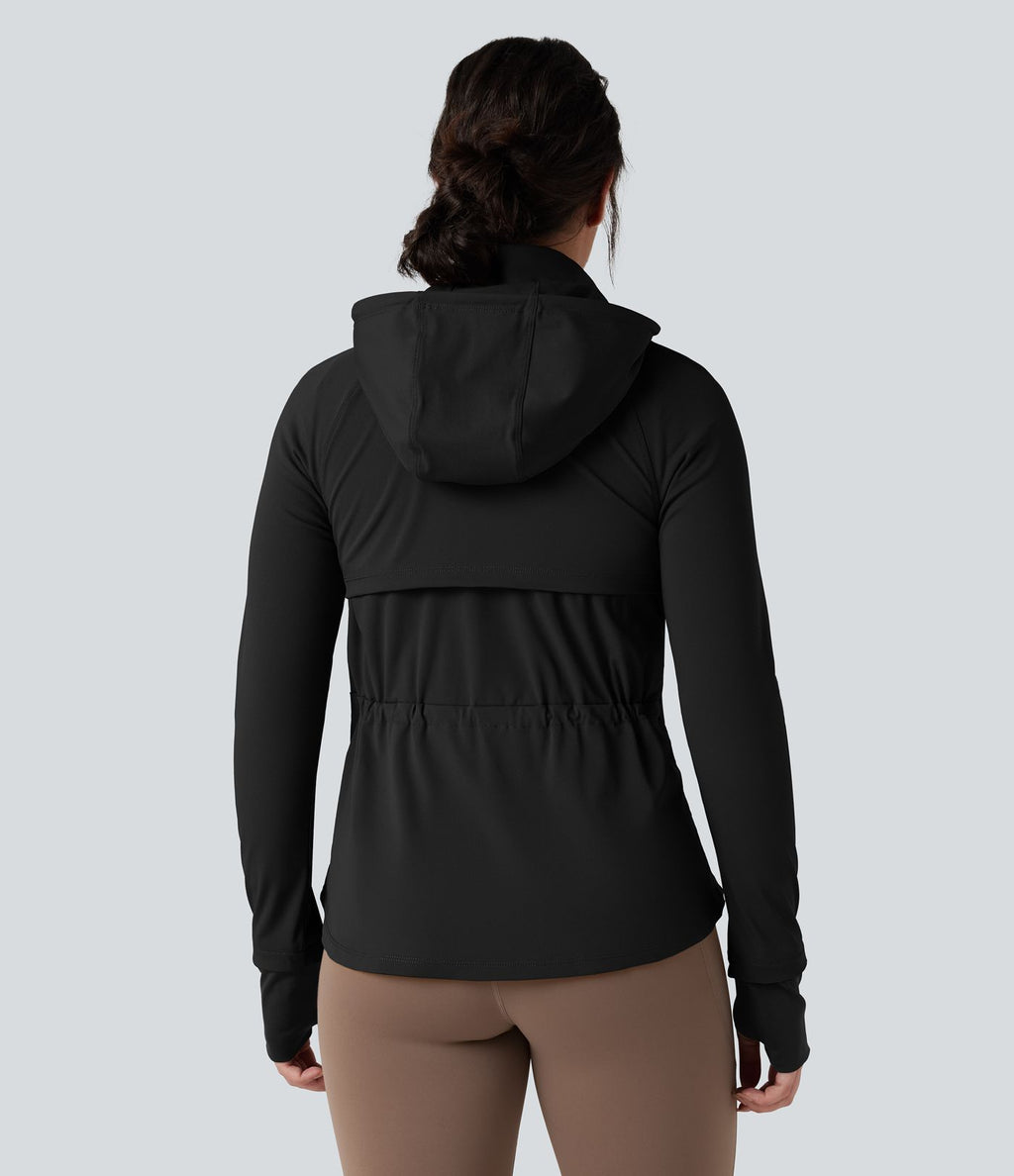Veste randonnée capuche amovible double zip cordon de serrage avec trous pouces et poches