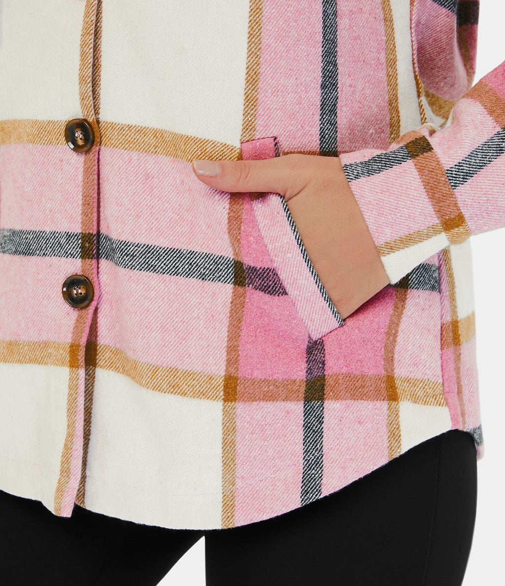 Veste de Casual à Carreaux en Polaire à Capuche avec Cordon de Serrage Boutons et Poches Latérales
