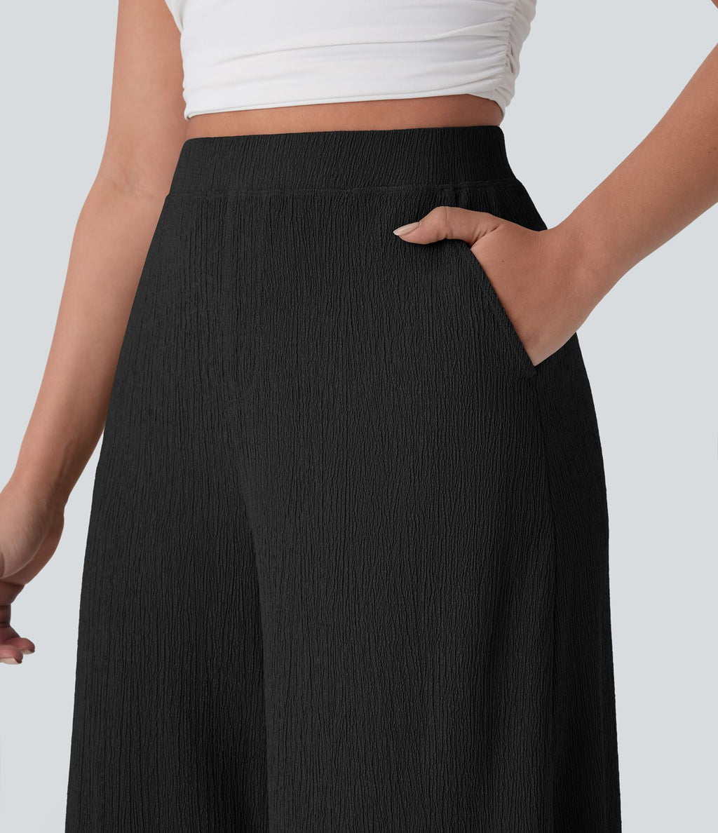 Pantalon décontracté fluide jambe large taille haute avec poches latérales