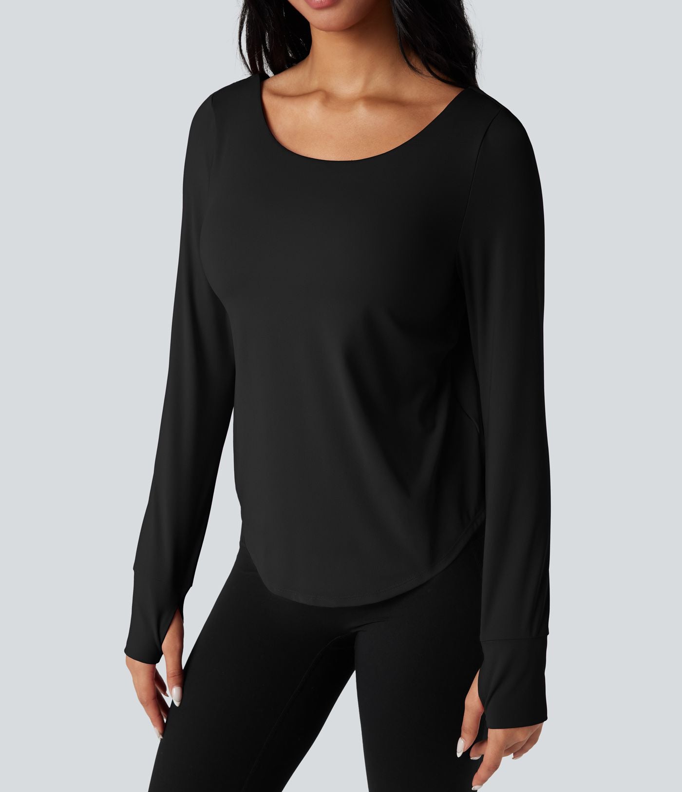Top de sport yoga 2-en-1 SoftlyZero™ Airy dos nu croisé ourlet arrondi manches longues avec trous pouces - UPF50+