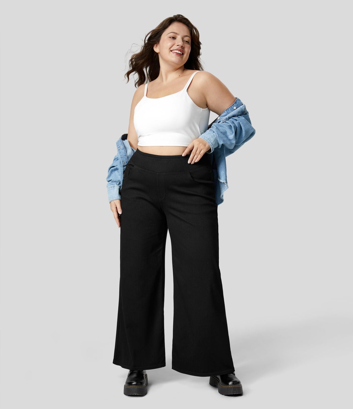 Halara Flex™ High Waisted Multiple Pockets Wide Leg Loose Stretchy Knit Casual Plus Size Jeans