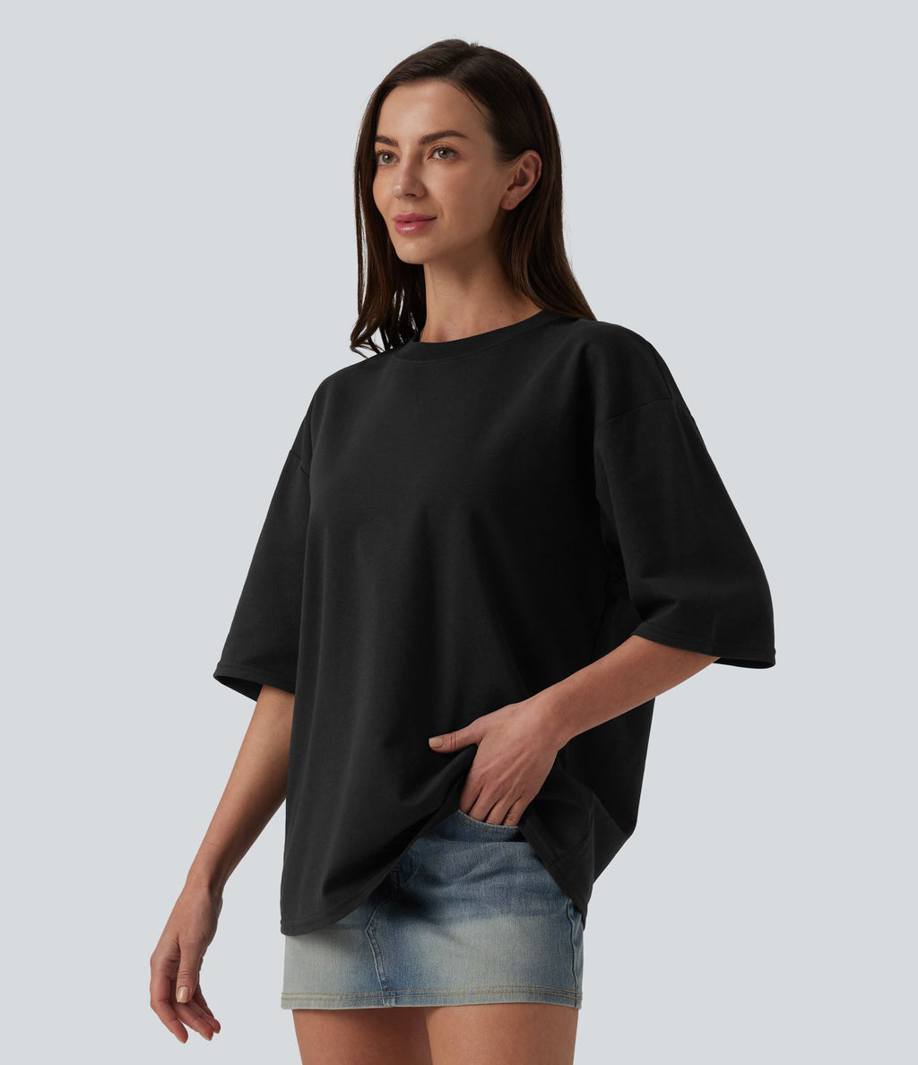 T-shirt casual oversize col rond manches trois-quarts