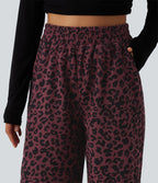 Pantalon léopard velours côtelé imprimé coupe droite mop taille haute avec poches
