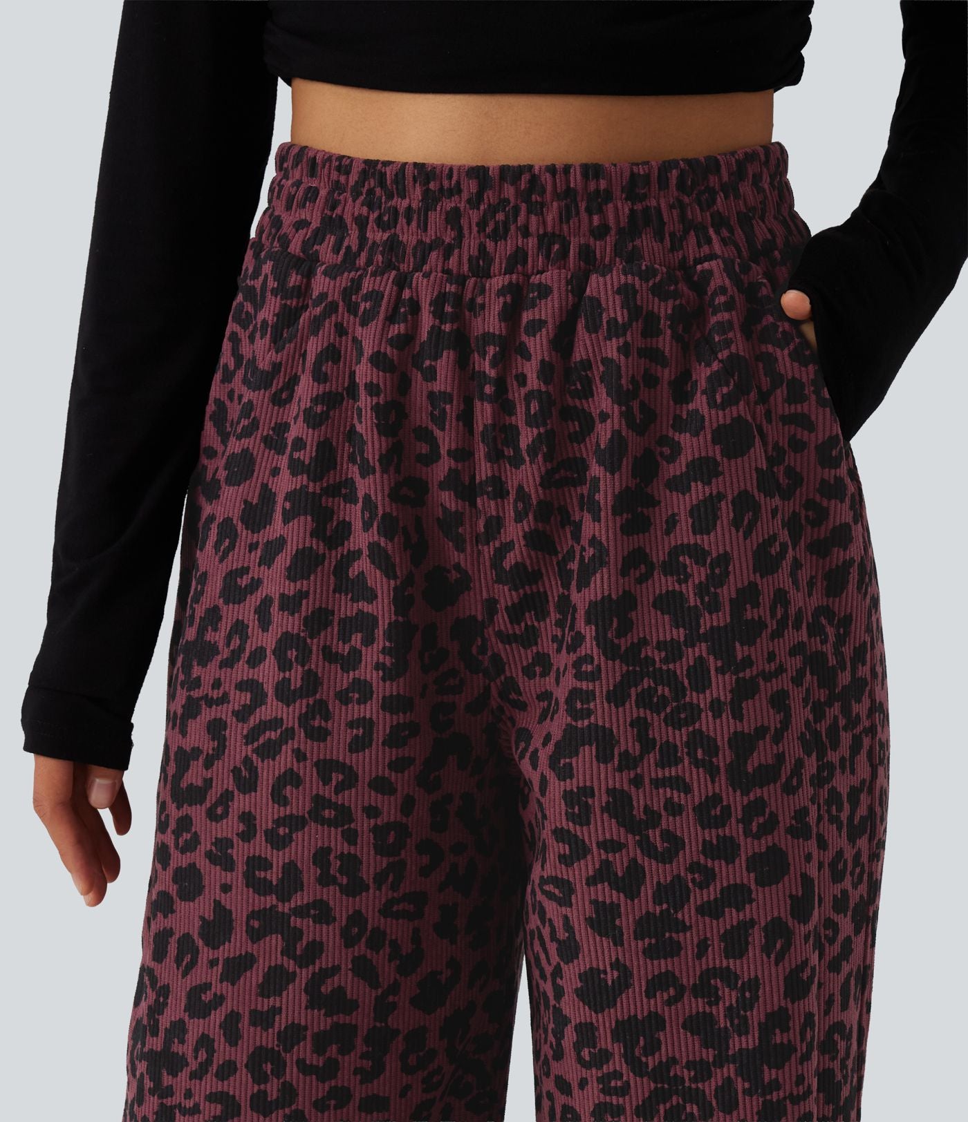 Pantalon léopard velours côtelé imprimé coupe droite mop taille haute avec poches