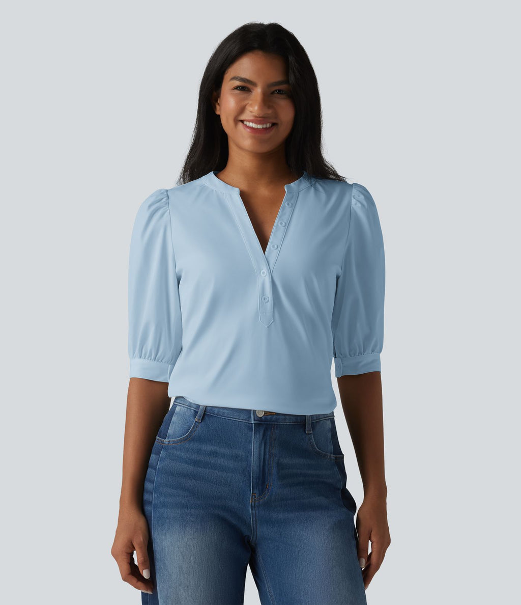 Blouse décontractée col Henley manches bouffantes mi-longues
