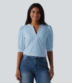 Blouse décontractée col Henley manches bouffantes mi-longues