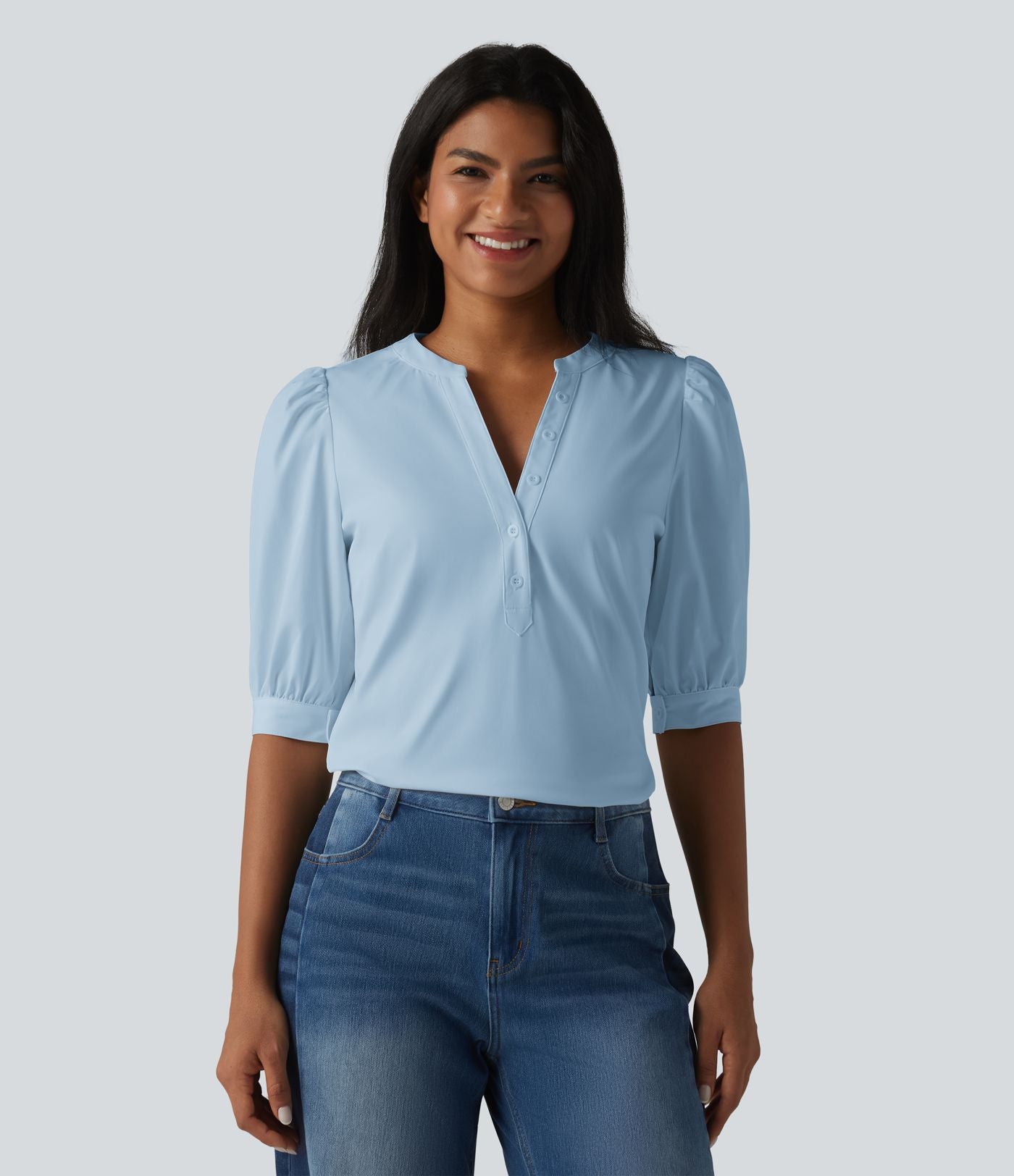 Blouse décontractée col Henley manches bouffantes mi-longues