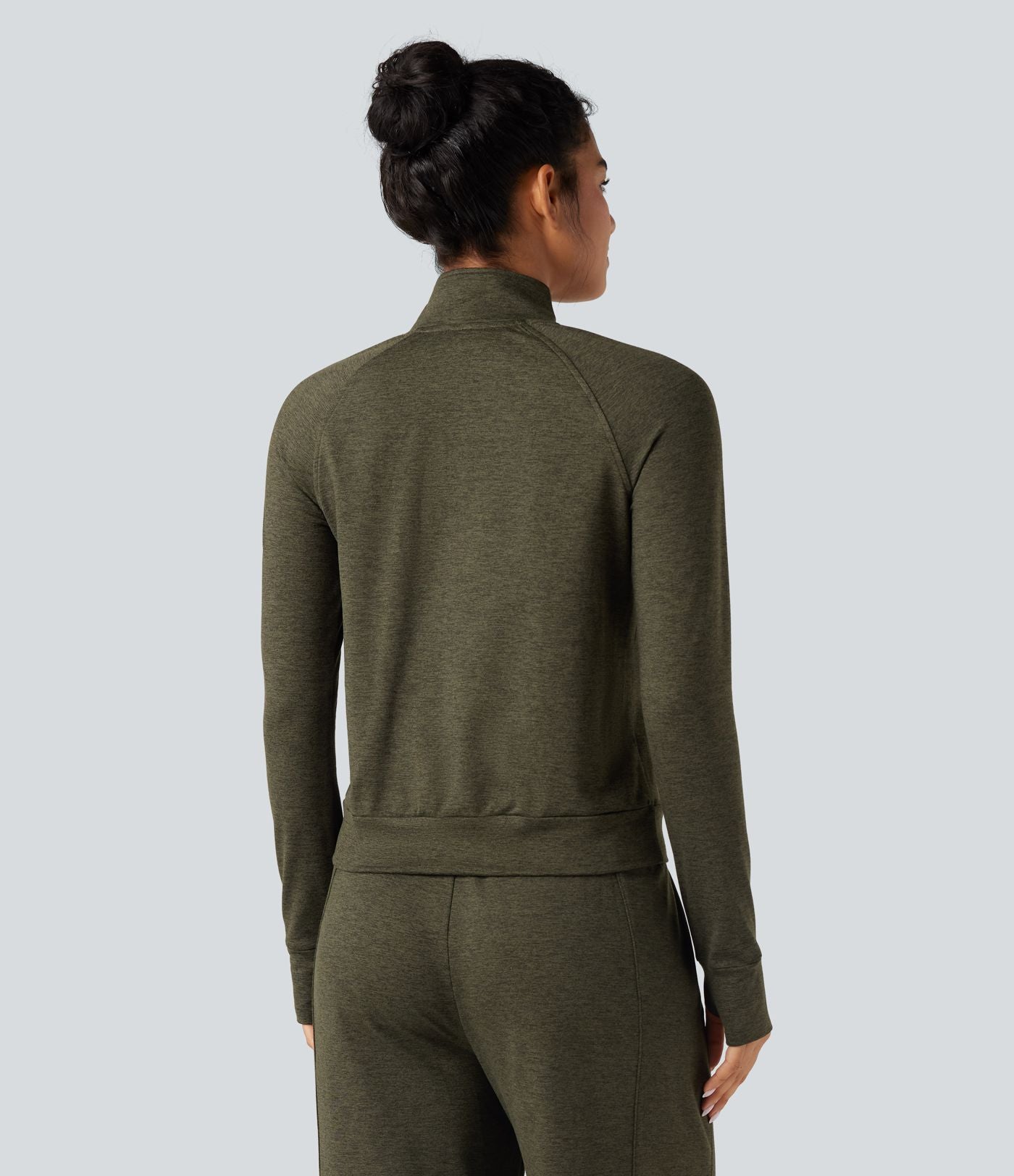 Sweat-shirt polaire thermique chiné séchage rapide demi-zip avec trous pouces et poches - UPF40+