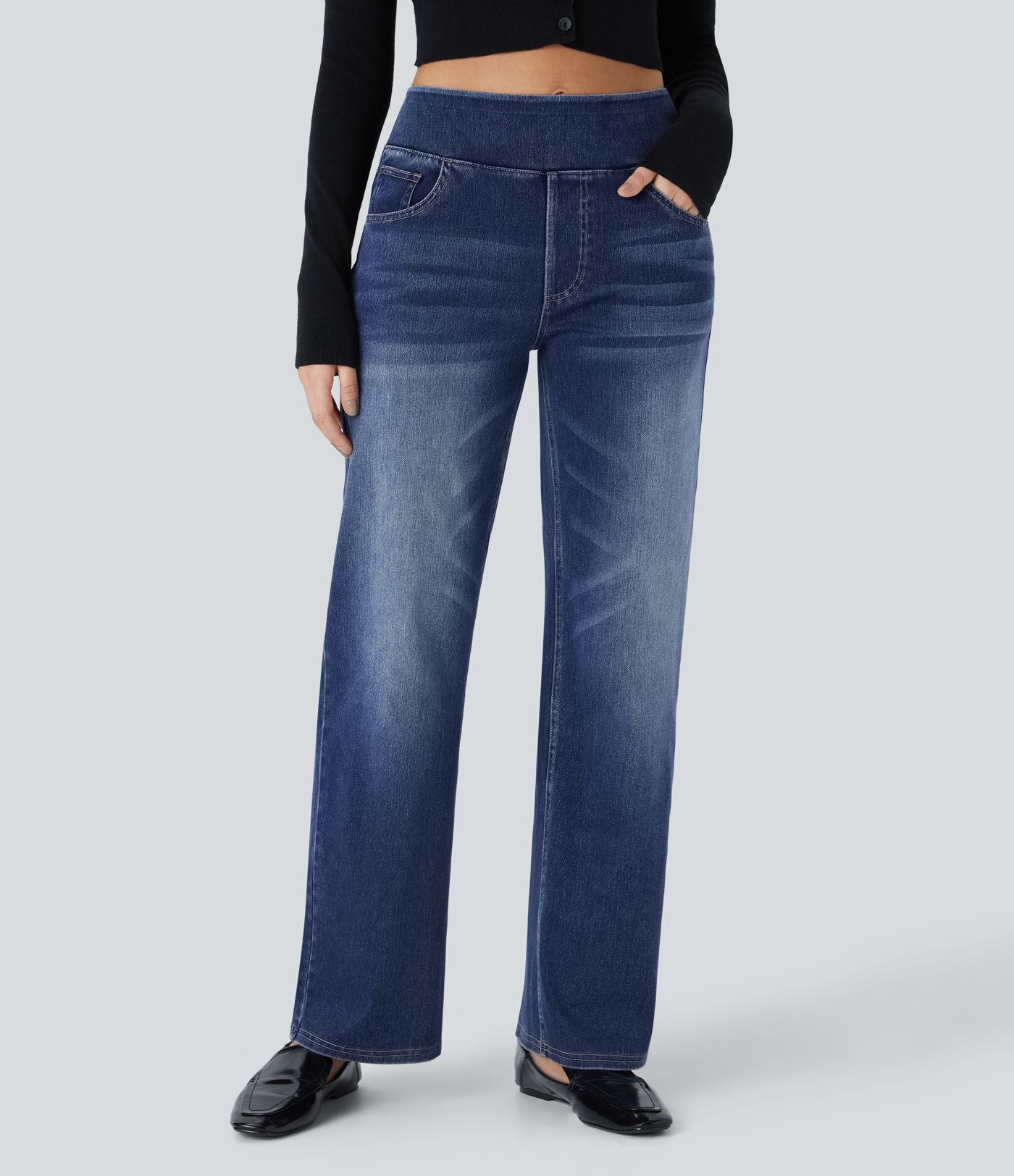 Jean décontracté Halara Flex™ taille haute, extensible, délavé, jambes droites avec poches multiples