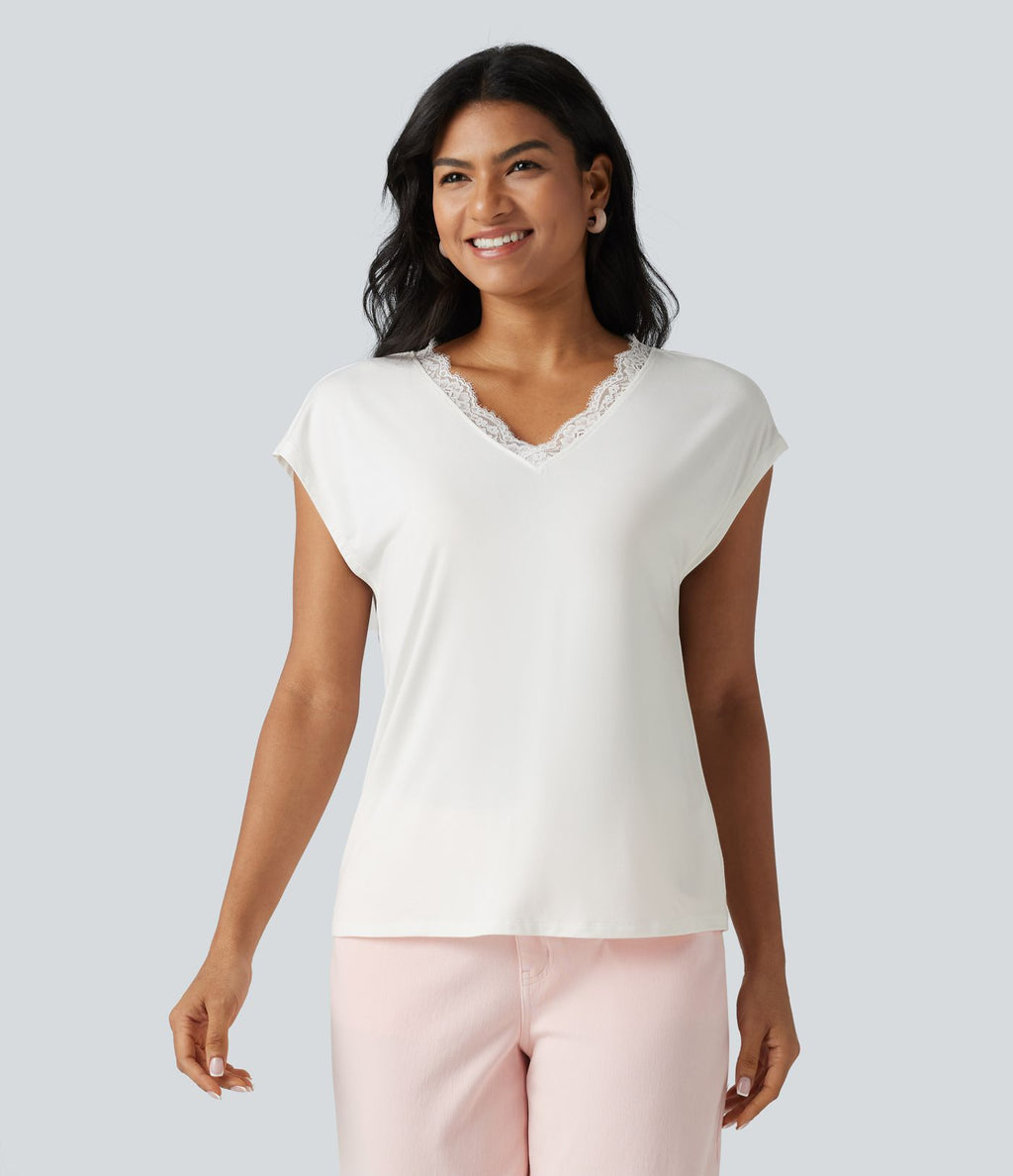 T-shirt décontracté en dentelle col V manches courtes