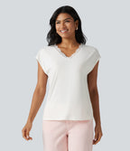 T-shirt décontracté en dentelle col V manches courtes