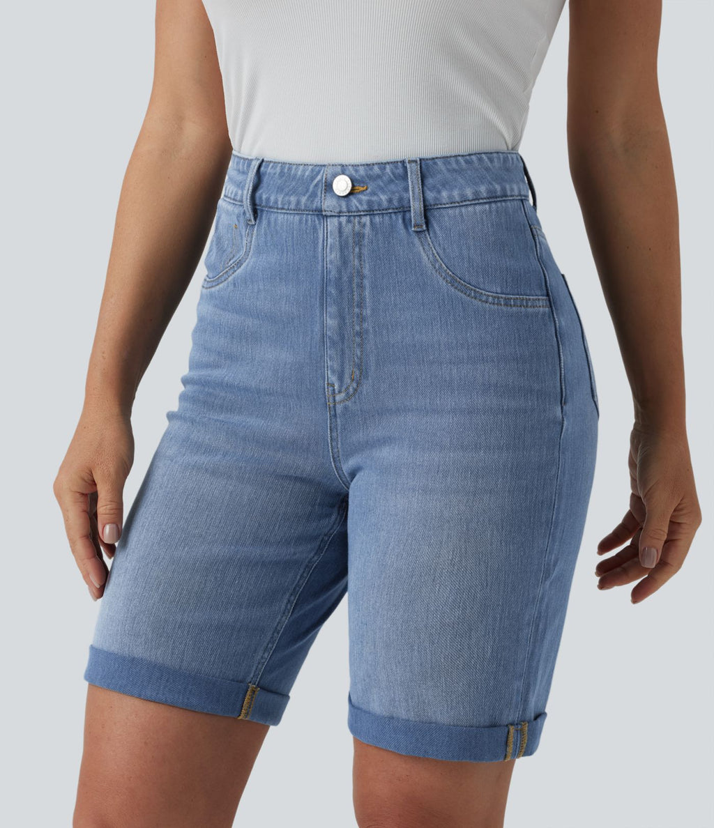 Short en jean Halara Flex™ taille haute gainant délavé à ourlet roulotté décontracté avec poches