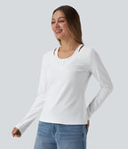T-shirt casual 2-en-1 col V à manches longues
