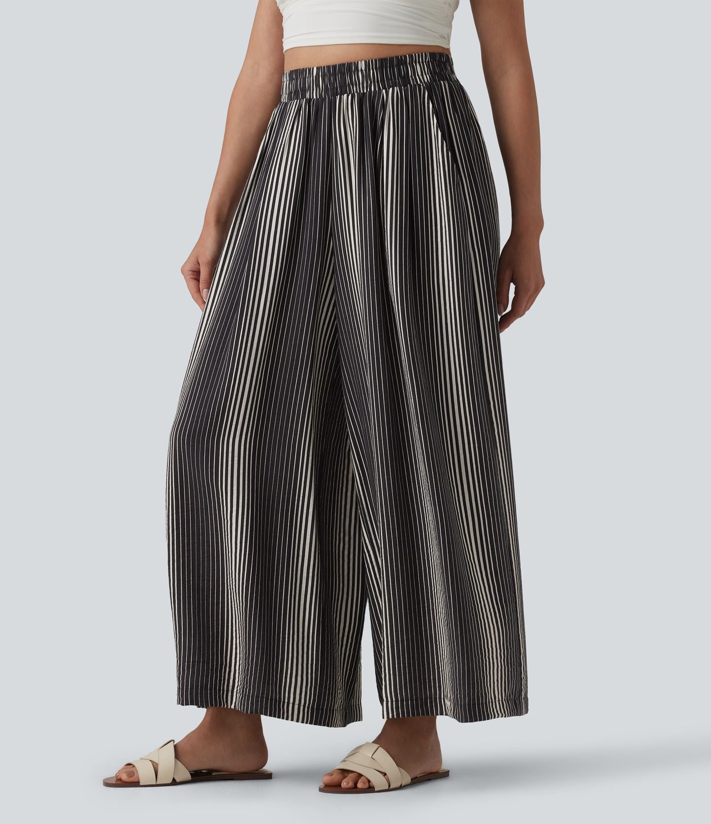 Pantalon large 7/8 taille haute à rayures avec poches