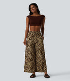 Pantalon large et fluide à imprimé léopard, taille haute avec cordon de serrage et poches latérales