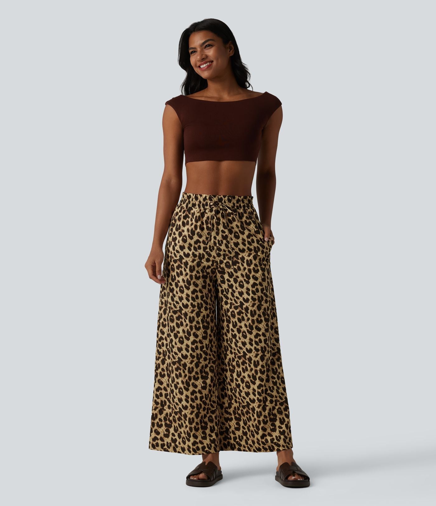 Pantalon large et fluide à imprimé léopard, taille haute avec cordon de serrage et poches latérales