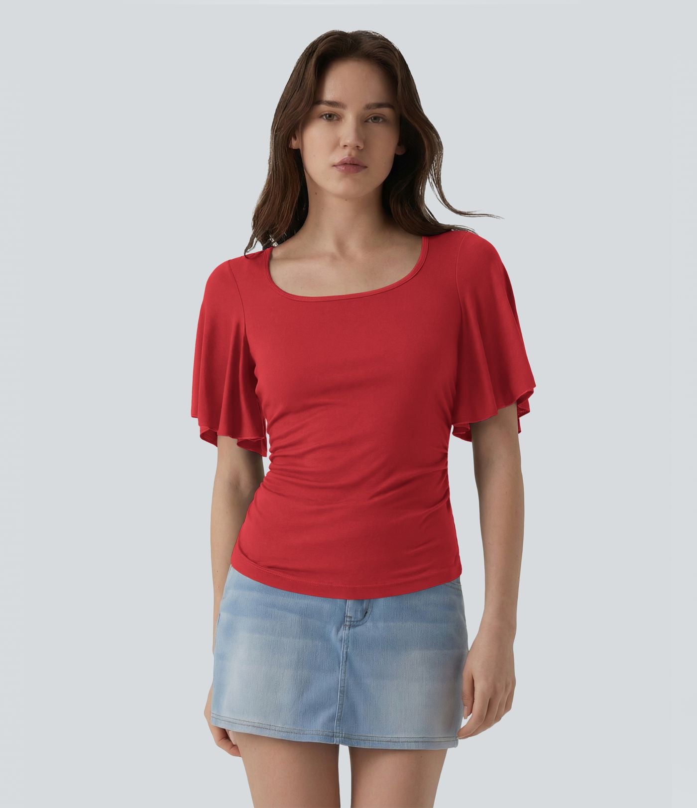 T-shirt décontracté maille côtelée col carré manches papillon froncé