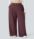Pantalon de travail grande taille Halara Flex™ à taille haute sculptante et amincissante, poches latérales, jambes larges et tissu micro-gaufré