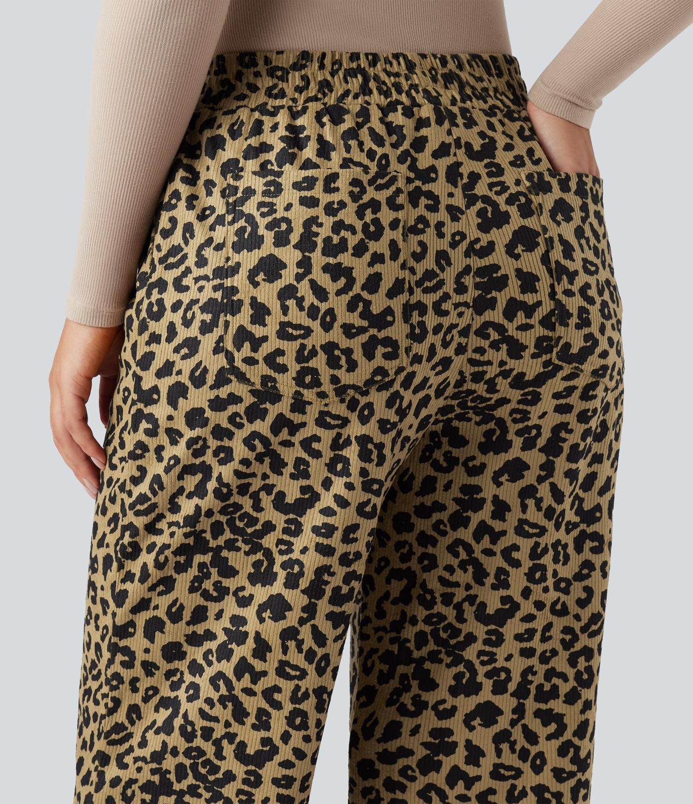 Pantalon léopard ample décontracté velours côtelé imprimé taille haute avec poches