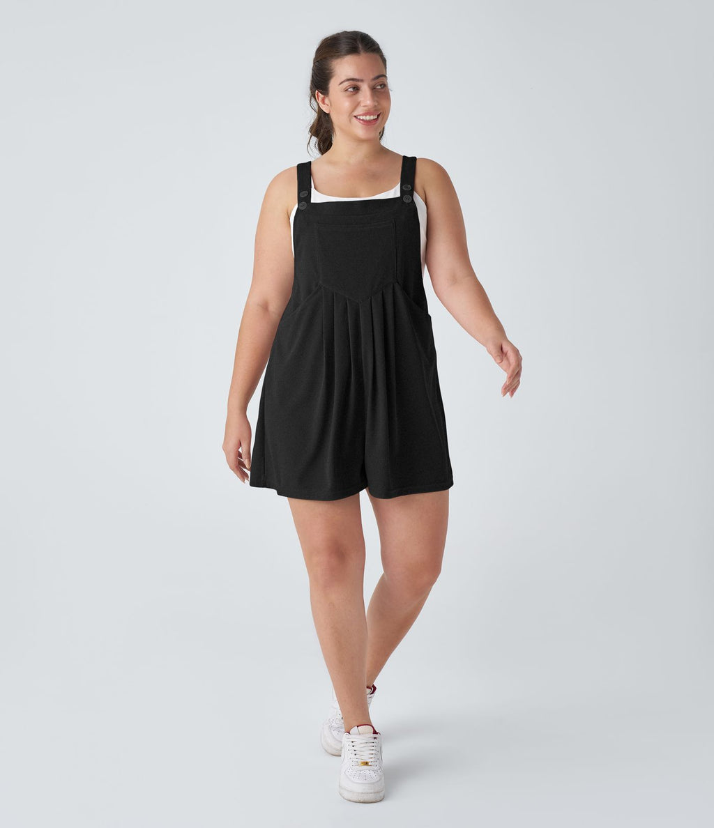 Salopette Casual en Gaufré avec Bretelles Réglables Boutons et Poches Multiples Grande Taille
