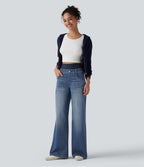 Jean large délavé Halara Flex™ taille haute gainant avec poches