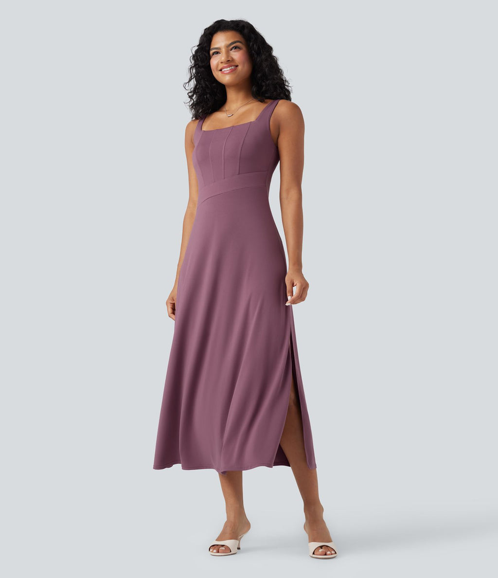 Robe midi sans manches à encolure carrée et dos échancré avec fente