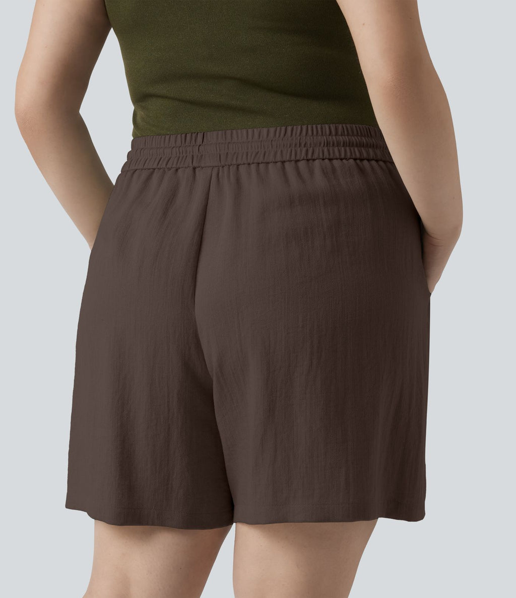 Short casual aspect lin grande taille taille haute avec cordon de serrage et poches
