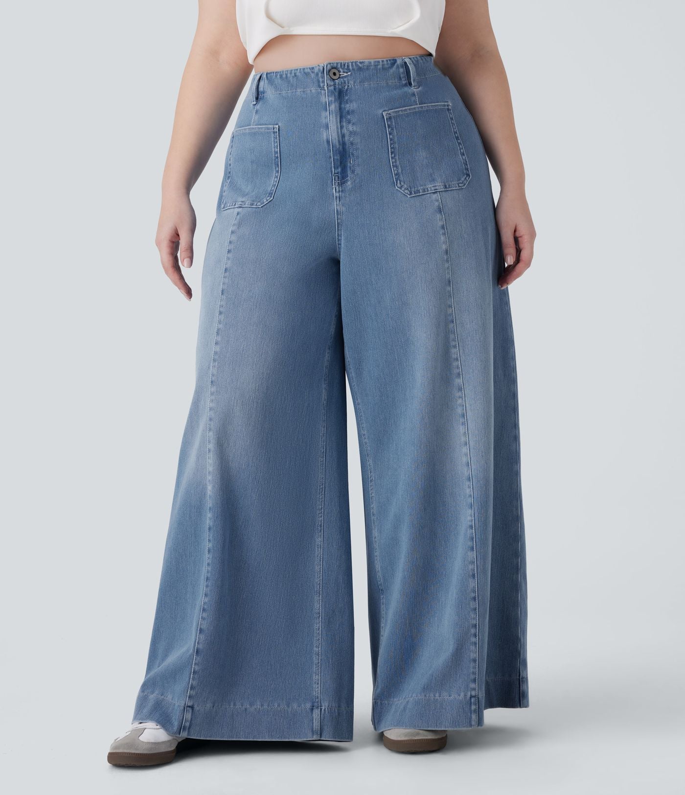 Jean décontracté Halara Flex™ grande taille large taille haute en maille extensible délavée avec poches avant