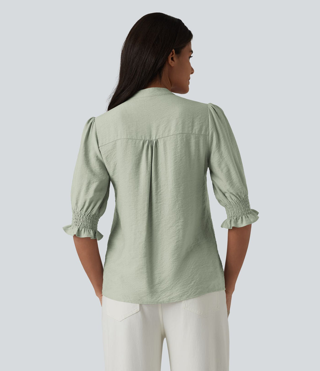 Blouse décontractée à col en V et manches courtes bouffantes