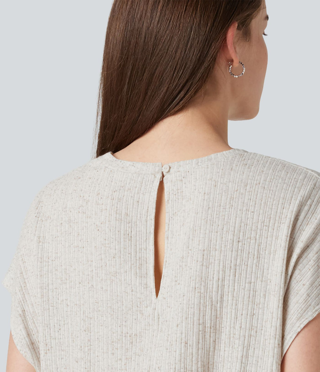 Robe mini décontractée 2-en-1 en maille côtelée mélange de lin, col V, manches courtes, coupe fluide