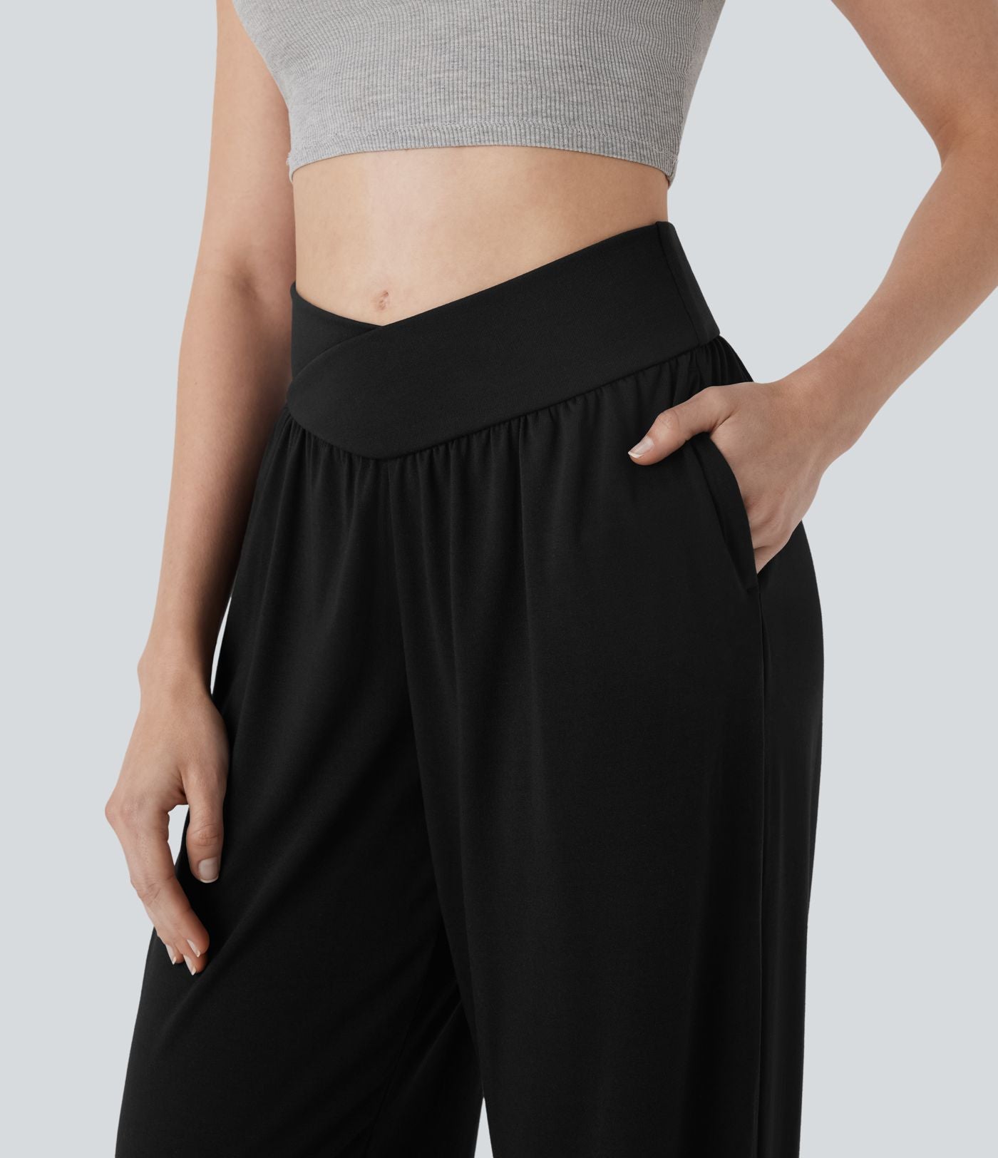 Pantalon de jogging décontracté à taille haute croisée avec poches latérales et cordon de serrage