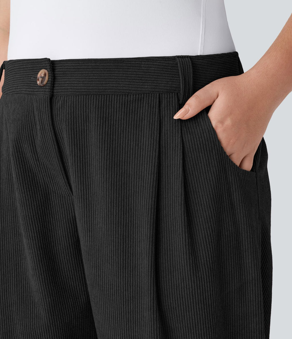Pantalon Casual Grande Taille Velours Côtelé Taille Mi-haute Boutonnés Fermeture Éclair Poches Latérales