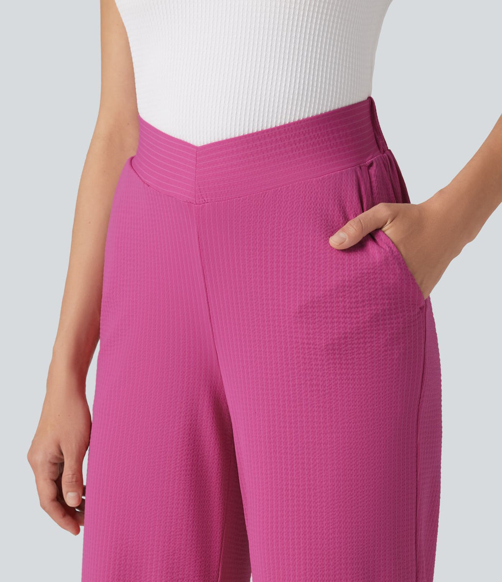 Pantalon décontracté évasé à rayures, taille haute, séchage rapide, ceinture en V, avec poches - Protection solaire UPF40+