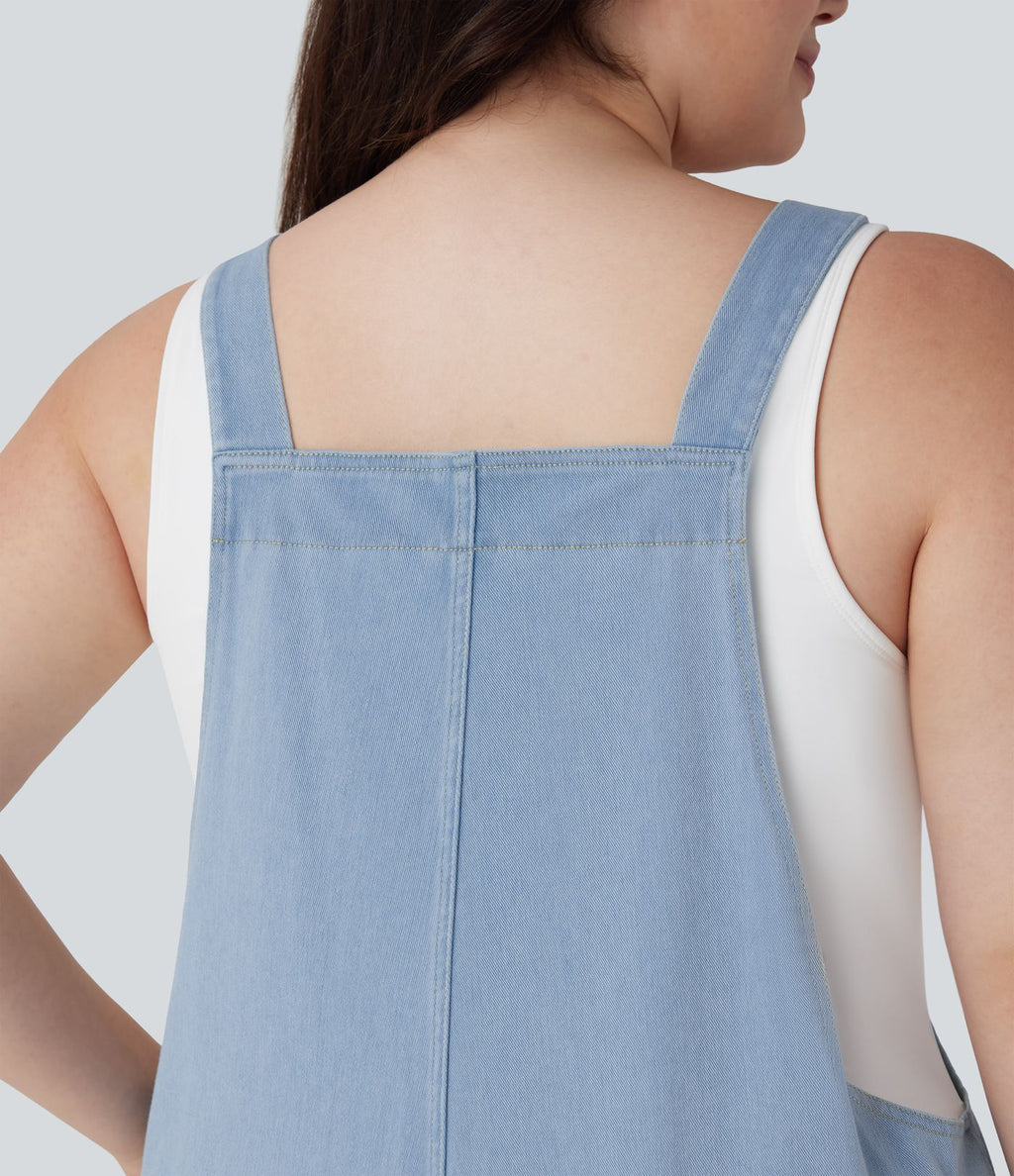 Salopette décontractée Halara Flex™ grande taille en maille denim extensible délavée col V avec poches