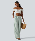 Pantalon large fluide taille haute en lin mélangé avec poches et liens latéraux
