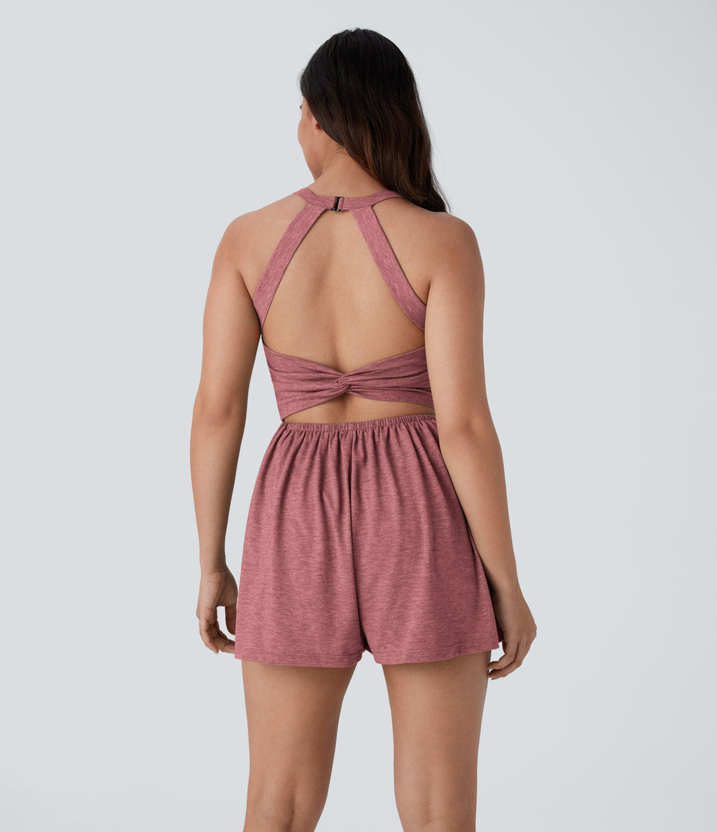 Combishort de villégiature 2-en-1 à dos nu, design torsadé, poches latérales - Édition Easy Peasy