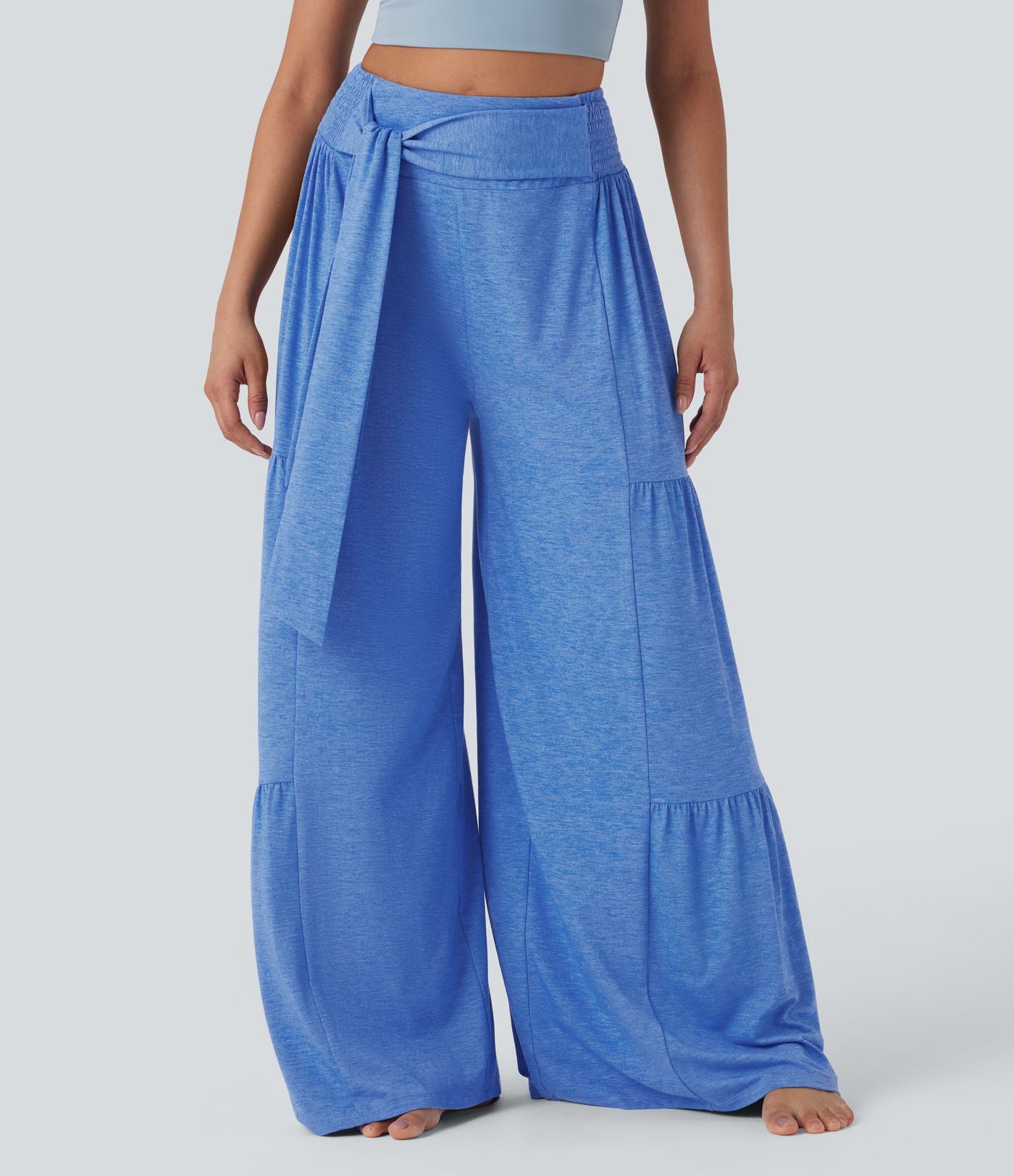 Pantalon danse large fluide taille haute smocké nœuds devant et dos