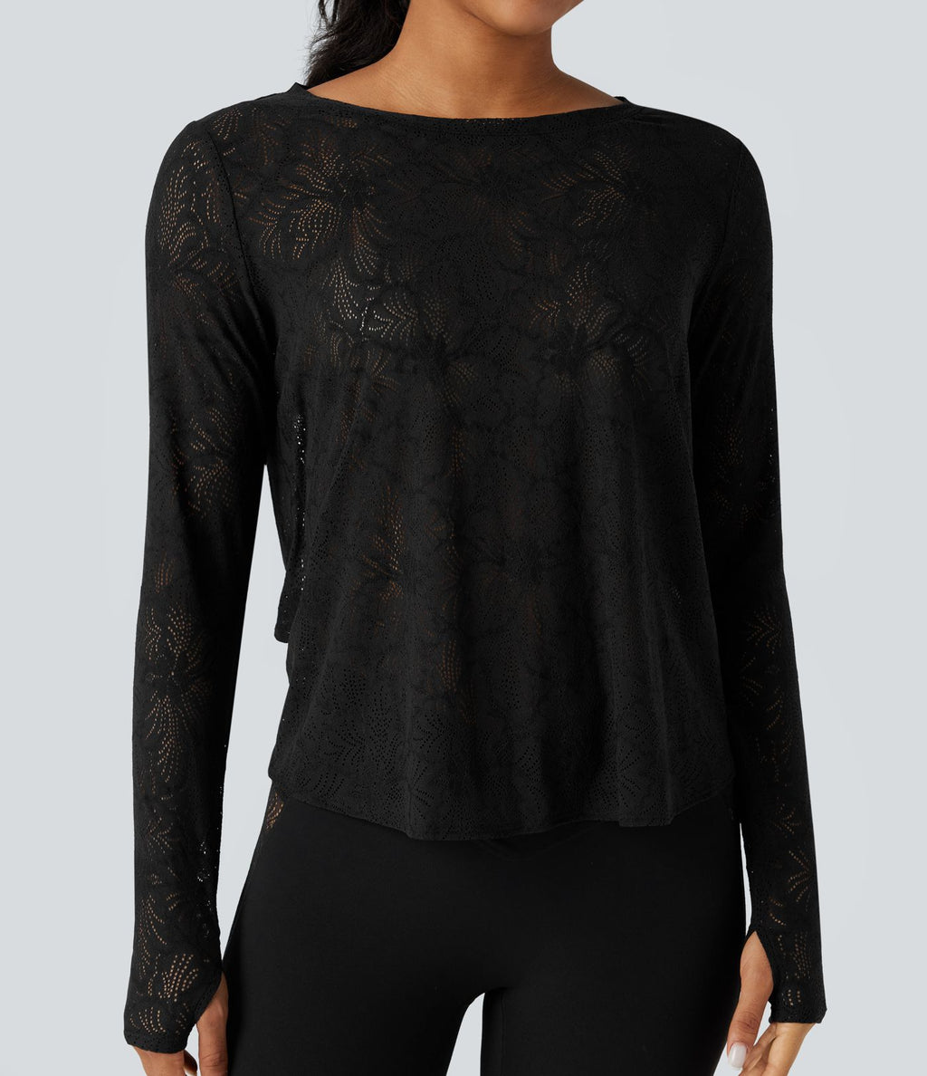 Top de sport yoga dentelle col rond manches longues liens dans le dos avec trous pouces
