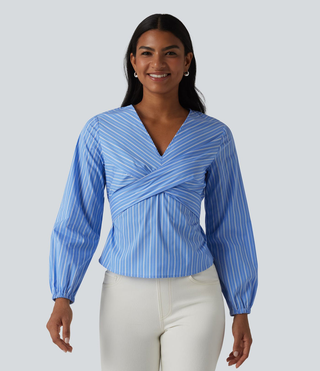 Blouse de travail rayée à col V, manches longues et dos noué