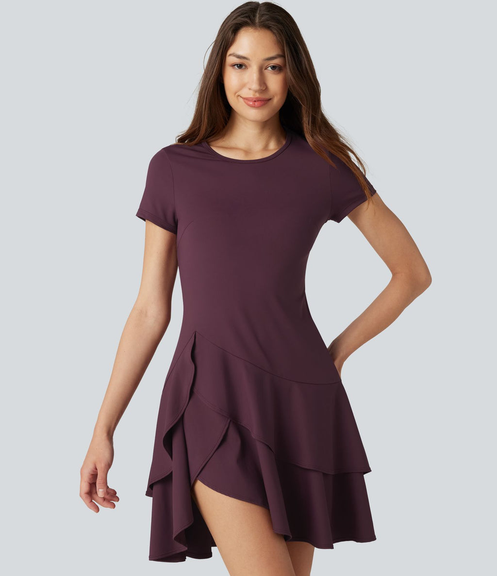Robe mini décontractée SoftlyZero™ Airy col rond, manches courtes, ourlet à volants étagés, à effet frais InstantCool