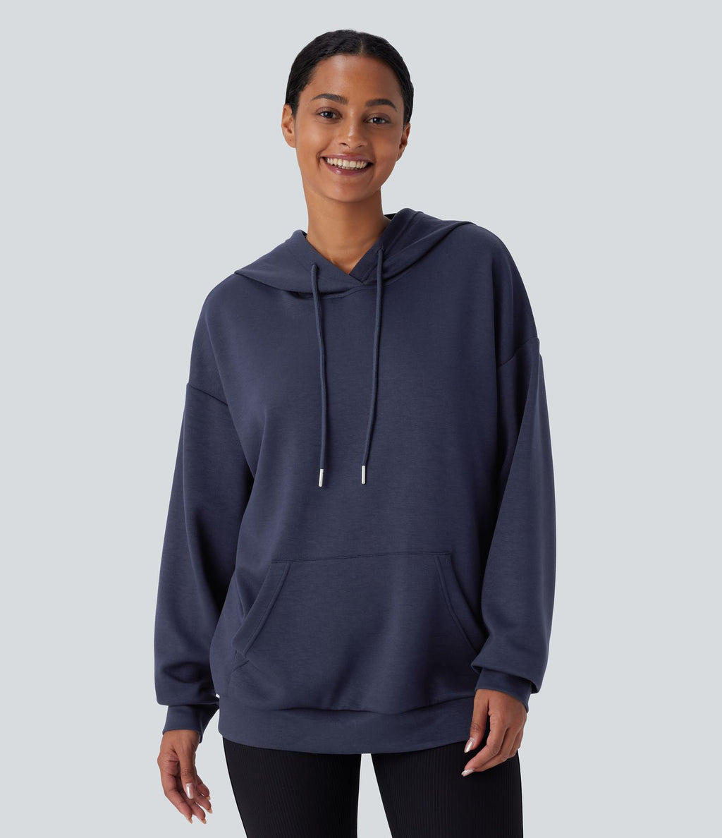 Sweat-shirt décontracté à capuche avec cordon de serrage, manches longues, poche kangourou, coupe croisée et fente