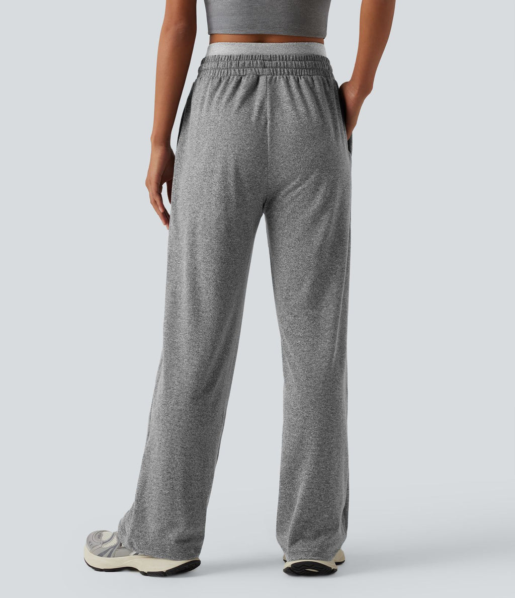 Pantalon de yoga jambes droites taille haute chiné avec double ceinture, cordon de serrage et poches