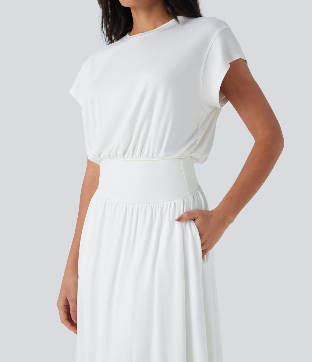 Robe de travail mi-longue fluide gainante à manches chauve-souris avec poches