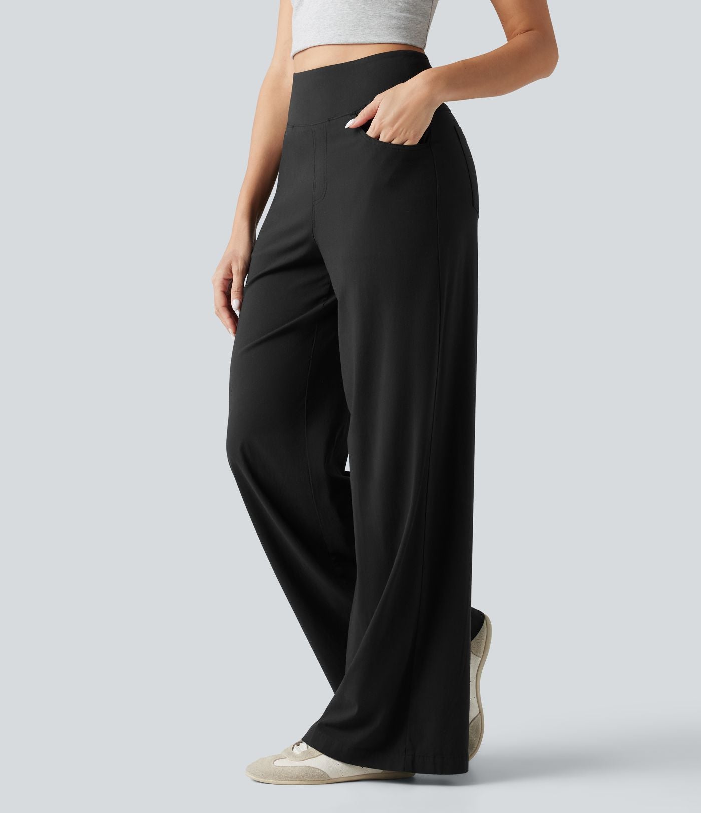 Pantalon large fluide décontracté en lin stretch taille haute gainant avec poches