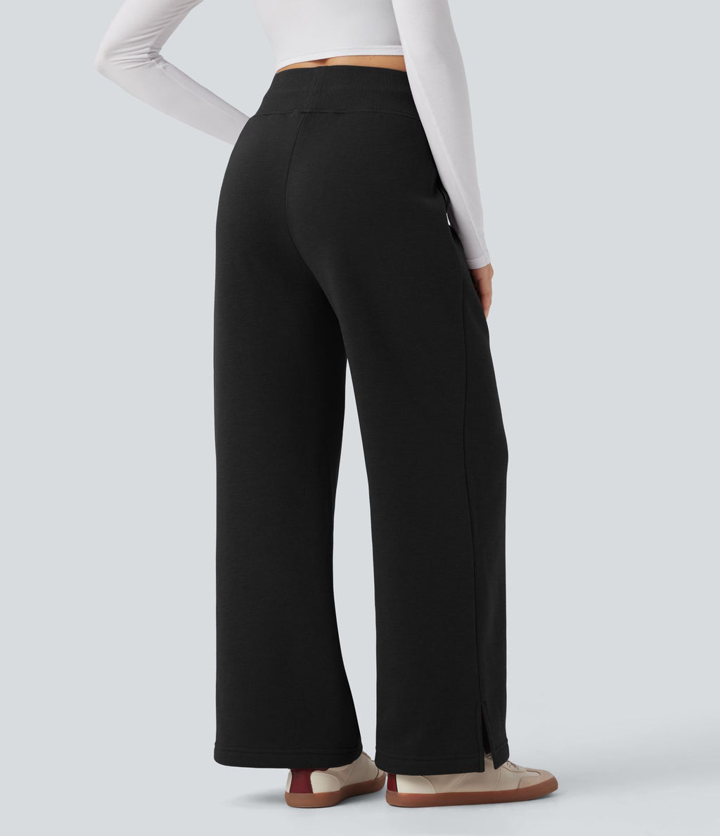 Pantalon jogging décontracté polaire taille haute jambe large avec cordon de serrage ourlet fendu et poches