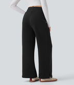Pantalon jogging décontracté polaire taille haute jambe large avec cordon de serrage ourlet fendu et poches