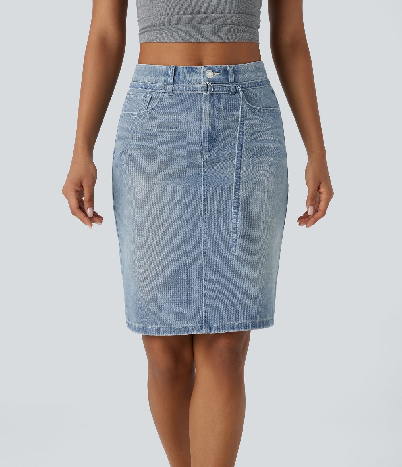 Jupe en Jean midi décontractée extensible délavée à taille moyenne avec boutons, fermeture éclair, poches multiples et fente