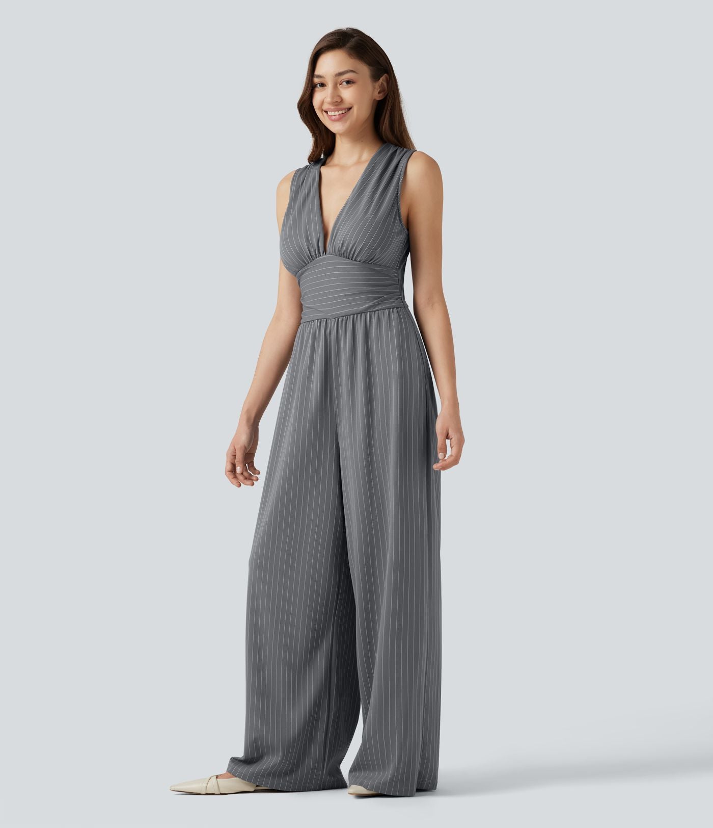 Combinaison tailleur col V sans manches à rayures et fronces avec poches - Easy Peasy